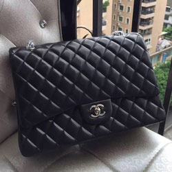 샤넬 클래식 램스킨 맥시 더블플랩 블랙/은장